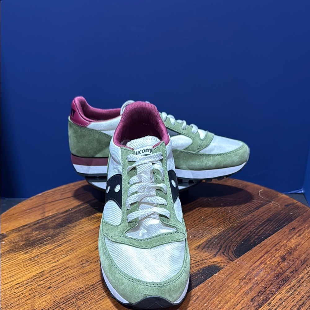 Saucony Olive and White Sneakers with Burgundy Accents